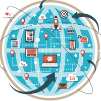 illustrazione social marketing digital banzai di forma rotonda (globo terrestre con dispositivi interconnessi)